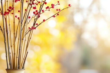 Elegant Bamboo and Red Berries Arrangement Against Soft Golden Bokeh Background