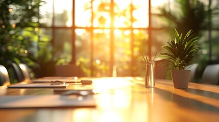 Sunlit Office Table With Plant And Documents