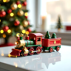 Small 3D Christmas toy train rides on white table with golden decor and Christmas tree in the background.