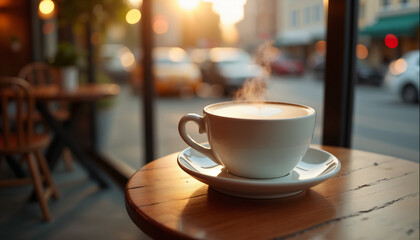 Fototapeta premium wallpapers A serene view of a steaming cup of coffee on a wooden table with a sunset backdrop. A perfect moment of calm. AI generated