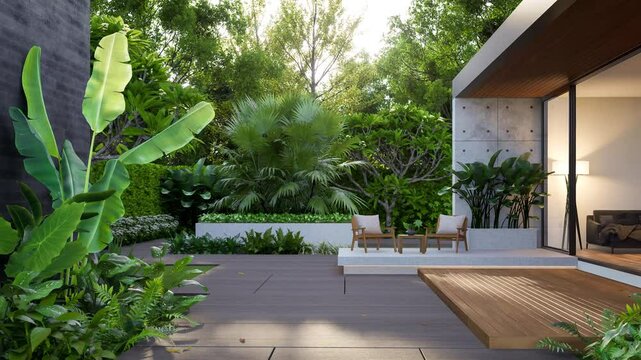 Animation of modern loft style tropical garden of modern house 3d render illustration. There are stone floor decorate with concrete wall and rainforest tree