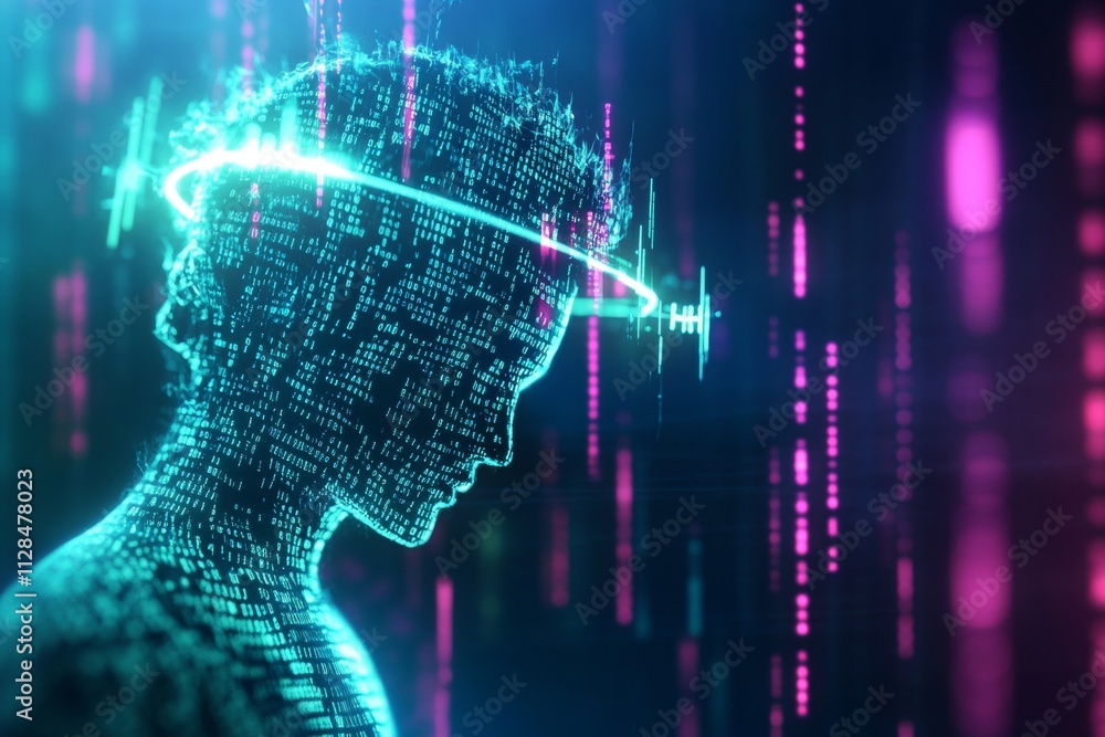 Poster ai digital human silhouette with neon binary code and futuristic glow
