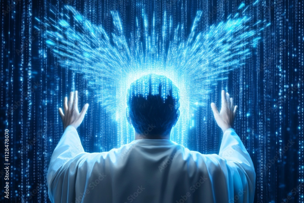 Poster male in digital matrix with blue binary code beam illuminating head