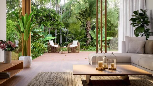 Animation of modern contemporary living room with wooden terrace and garden view background 3d render there are parquet floor decorated with white fabric sofa, open the door to nature outside