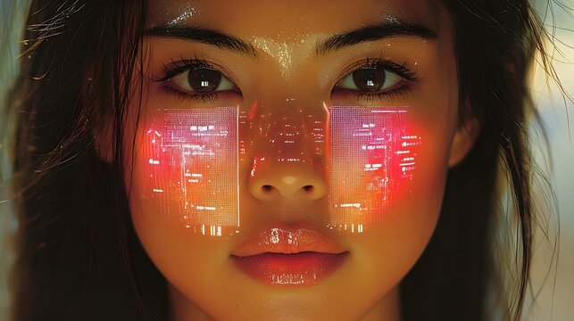 Portrait of an Asian female mechanic examining a car s futuristic holographic diagnostic system with advanced virtual data and information projected on the vehicle