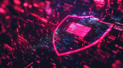 Fototapeta premium A futuristic cyber security illustration featuring a digital shield with a check mark, surrounded by code and interface elements. Perfect for representing online security, data protection, and tech.