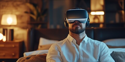 Businessman engaging with a virtual reality headset in a cozy bedroom setting, exploring innovative experiences through the virtual reality headset while relaxing in his personal space.