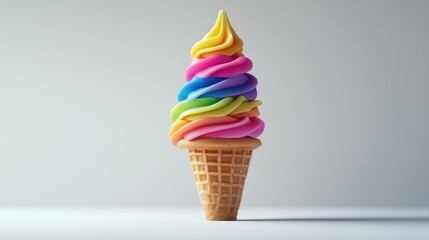 Colorful Swirled Soft Serve Ice Cream Cone with Vibrant Rainbow Tones on a Minimalist Background for Summery and Fun Mood