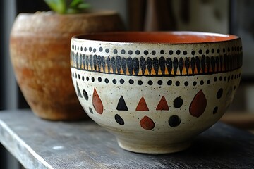 A handmade ceramic bowl with a tribal pattern, on a wooden surface.
