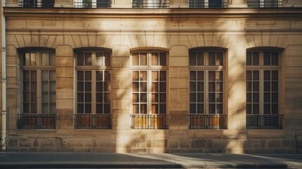 Parisian street, minimalist building, full wall with windows and doors, warm sunlight, serene urban environment, no people present.