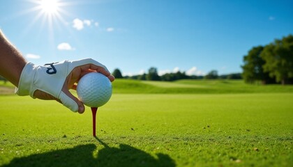 Golfer Placing Ball on Tee in Bright Sunshine on a Lush Green Course