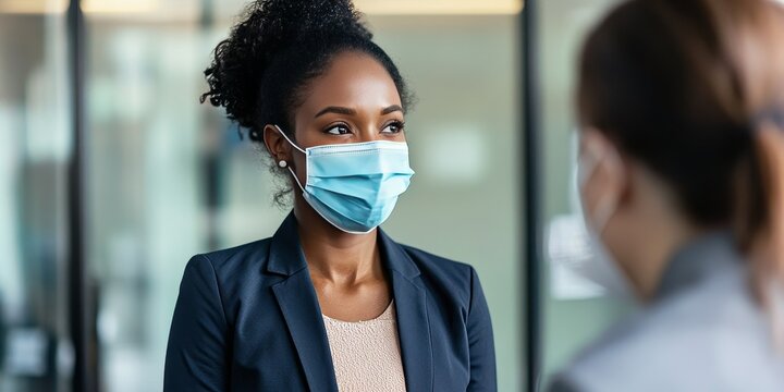 Joyful African American bank manager interacting with her client while wearing a face mask in the office setting, emphasizing safety during the coronavirus epidemic.