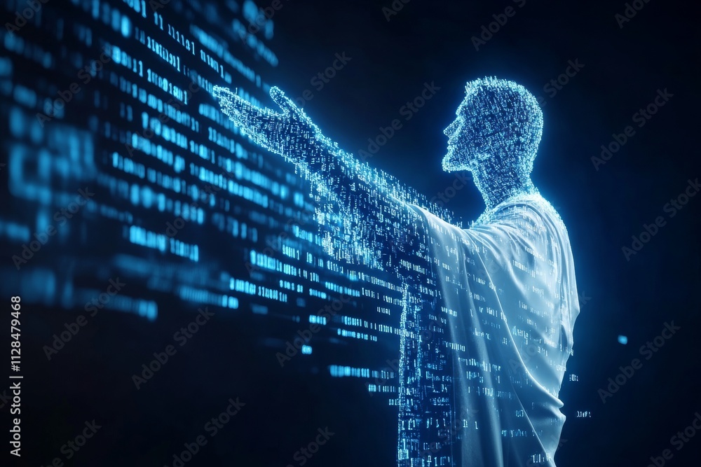 Poster digital transformation: male hologram interacting with data streams in virtual space