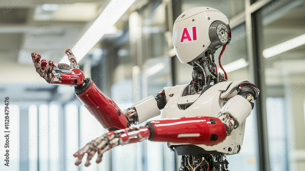 Poster ai robot with open arms: a humanoid robot stands with open arms, symbolizing welcoming technology an