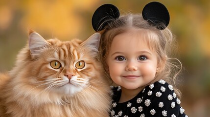 One-year-old girl in costume smiles next to a fluffy Persian cat in a stylish living room filled with light