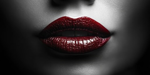 Obraz premium Close up of red lips in striking black and white, showcasing the bold contrast and texture of red lips that catch the eye, highlighting the allure and elegance of red lips.