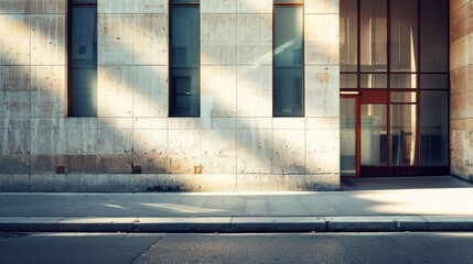 Parisian street, modern minimalist architecture, full wall with windows and doors, warm sunlight, tranquil urban scene, no people present.