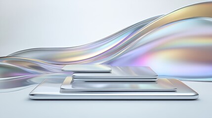 Highlighted are innovative mobile product designs featuring holographic elements and smooth curves, set against a clean white background
