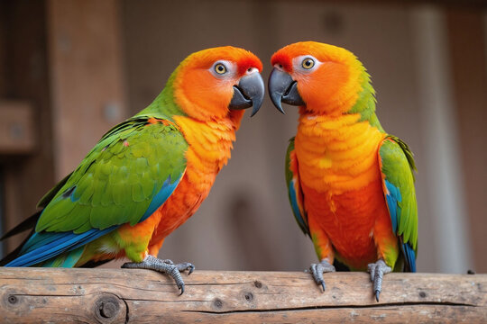 Two parrots perched weathered wooden beam orange green black