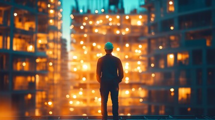 Fototapeta premium Construction Supervisor, Hard Hat, Urban Building Site, Sunset. Cityscape, Development, Industry