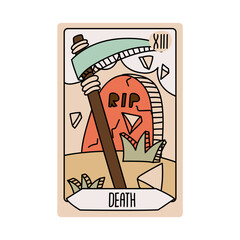 Tarot card is Senior Arcane the death. Vector hand-drawn deck. Vintage style with engraving. Occult and alchemical symbolism. isolated illustration of bright oracle. mysticism, magic, psychology