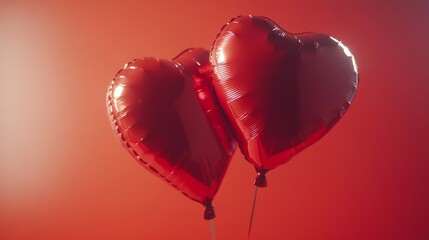 Two Red Heart Shaped Balloons Float Against Red Background