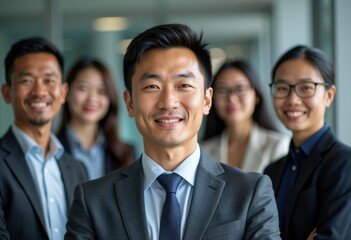 Fototapeta premium A confident businessman stands in front of his team, smiling and looking at the camera.