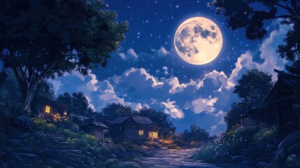 Naklejka premium Serene moonlit night in a quaint village nestled amongst lush greenery and stone pathways.