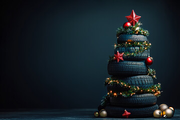 New Year tree made of car tires and disks on a dark background with copy space. Festive New Year banner for auto business on car tuning, repair and sale of spare parts
