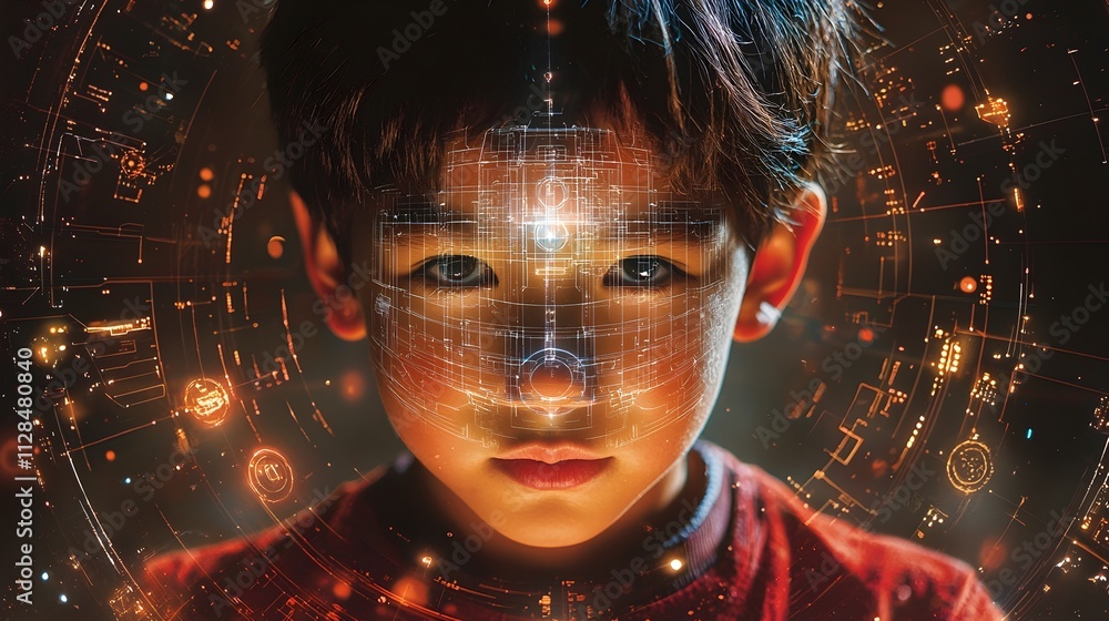 Poster a young asian boy intently assembling a robot while holographic blueprints and schematics are displa
