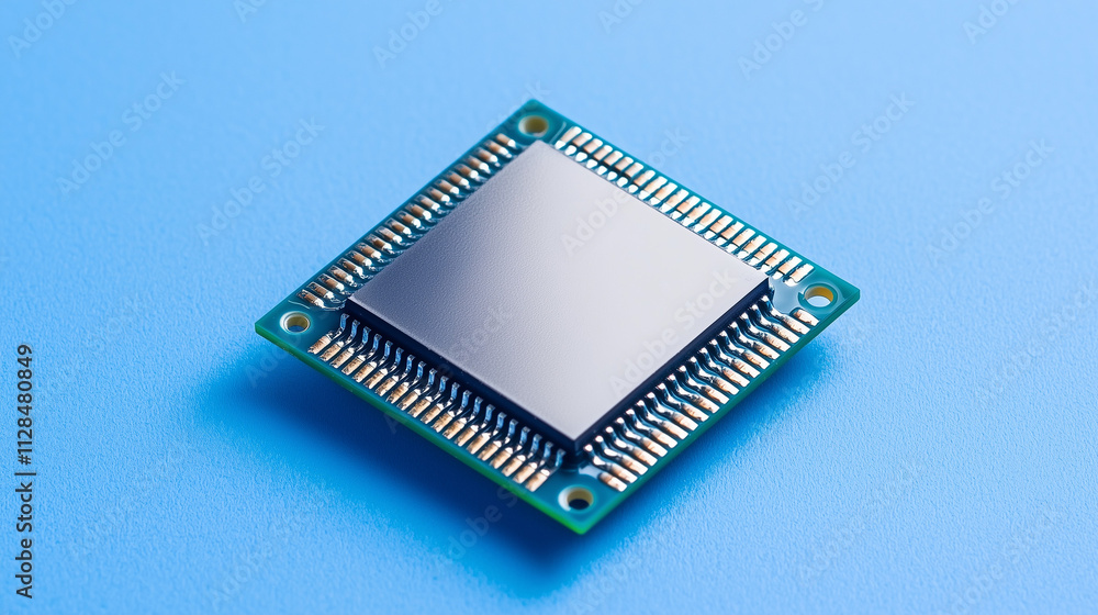 Poster microchip on blue: a close-up view of a gleaming, modern microchip against a vibrant blue backdrop. 
