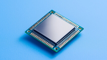 Microchip on Blue: A close-up view of a gleaming, modern microchip against a vibrant blue backdrop. This image symbolizes the power of technology, innovation, and the future of computing. 