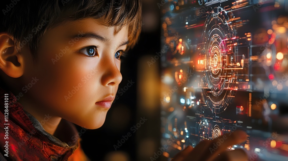 Poster asian boy utilizing hologram schematics to assemble and connect futuristic robot parts showcasing in