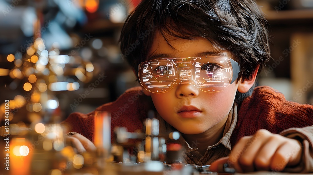 Poster a focused asian boy assembling a robot under the guidance of holographic instructions in a digital a
