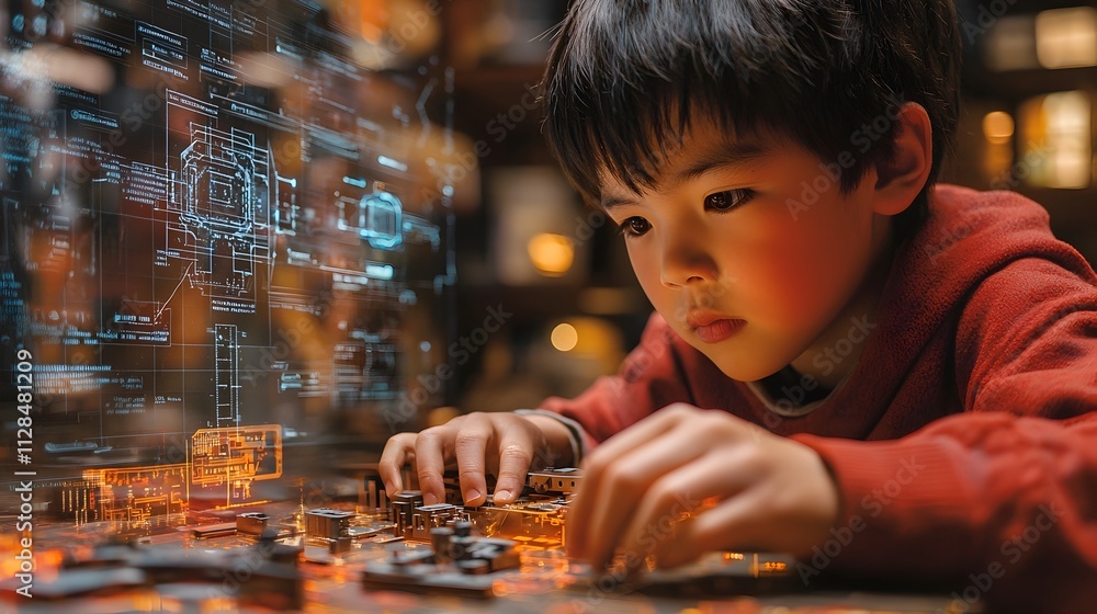 Poster curious asian boy building a futuristic robotic device with hologram projections of technical schema