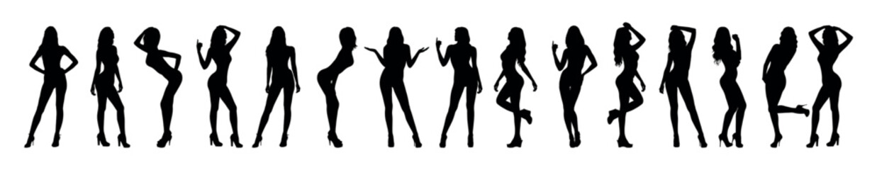Group sexy female model standing with various poses and style in a row vector black silhouette set.