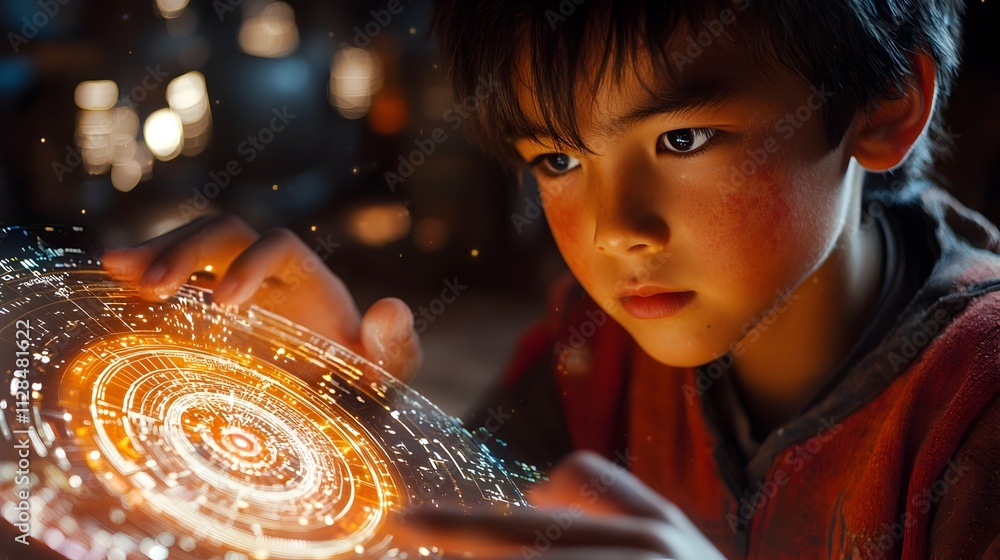 Poster a young asian boy intently working on robot circuits while a holographic display provides real time 