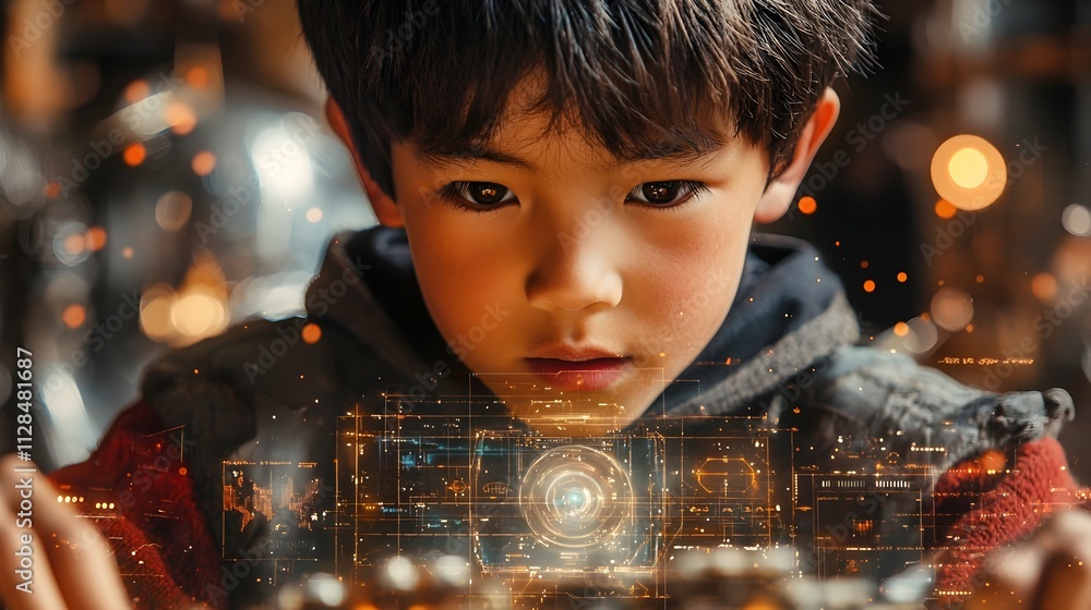 Poster intelligent asian boy constructing a sophisticated robotic device guided by interactive holographic 
