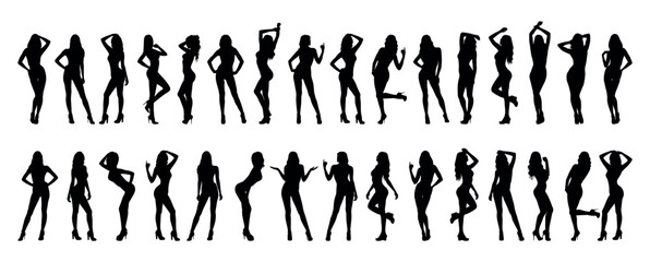 Group sexy female models in different poses standing in a row black silhouettes set collection.
