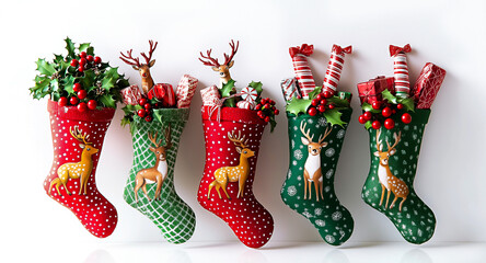 Colorful socks with painted deer hanging in a row on the wall. Christmas greeting with Christmas gift socks, red berries, Christmas candy cane and baubles