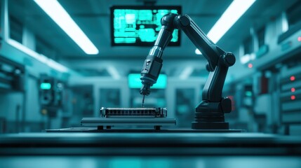 Fototapeta premium A robotic arm works on a device in a futuristic lab, illuminated by cool blue lighting and high-tech screens displaying data.