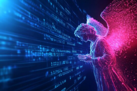 Digital angel with futuristic code in neon colors