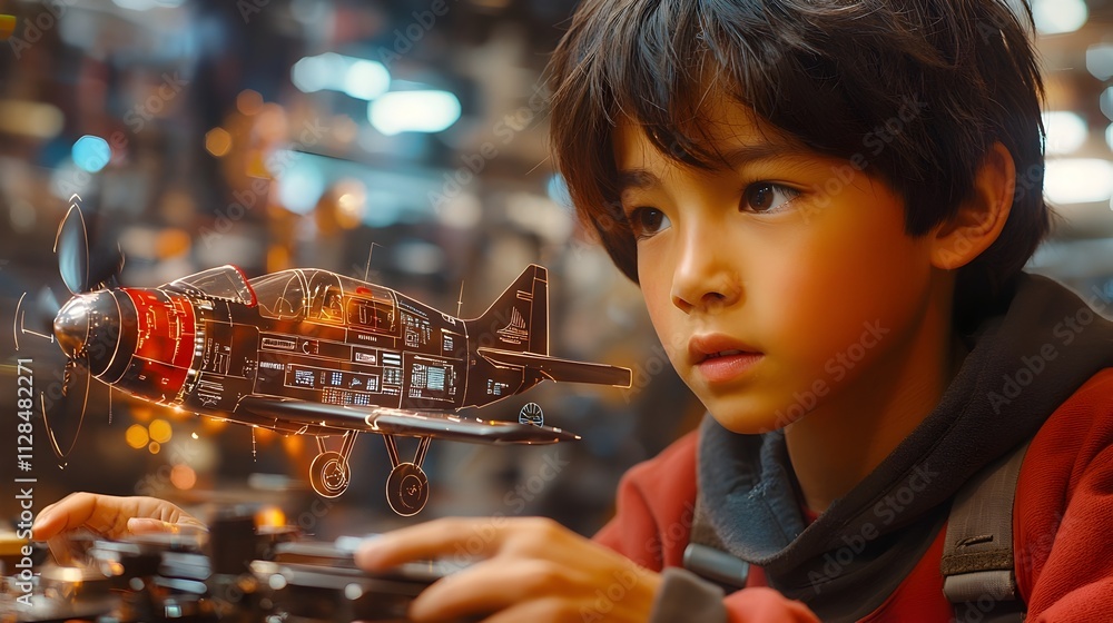 Poster asian boy assembling a remote controlled airplane guided by holographic schematics learning about ae