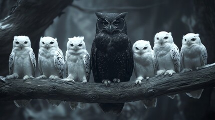 Obraz premium A striking image of a black owl surrounded by white owls perched on a tree branch in a moody forest setting.