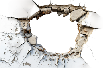Damaged wall with a prominent cracked hole, showcasing wear and tear isolated on transparent background