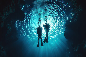 Silhouette of young couple diving together. Joint sport hobby concept. Photo taken underwater.