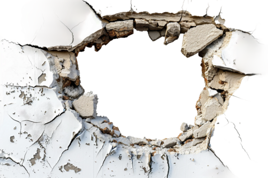 Damaged wall with a prominent cracked hole, showcasing wear and tear isolated on transparent background