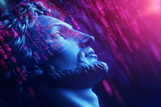 Digital transformation of classical sculpture with futuristic matrix effect