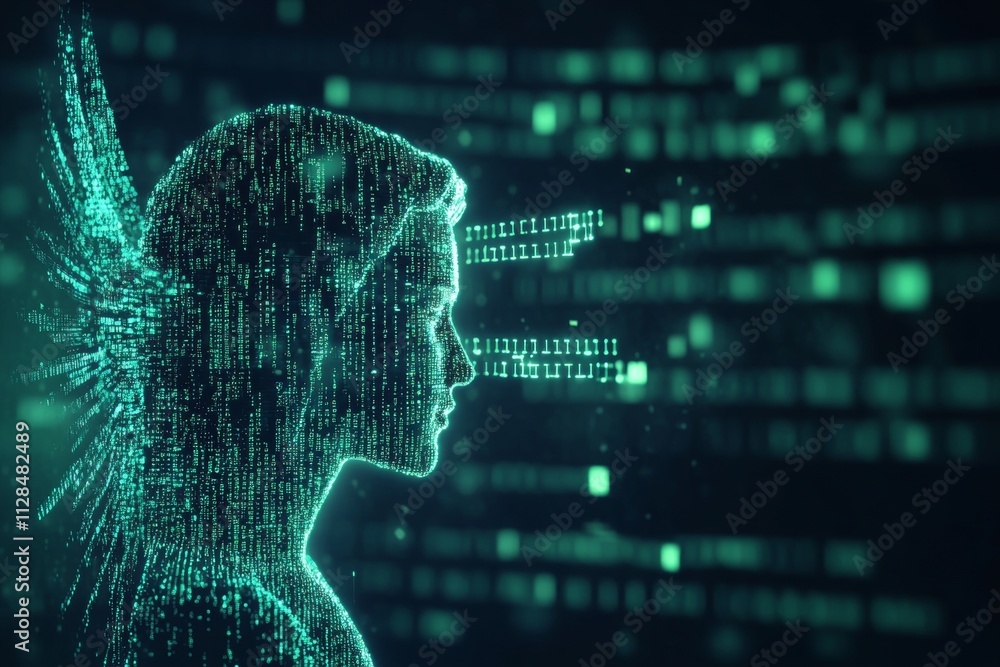 Poster digital futuristic female profile with data particles in abstract technology background