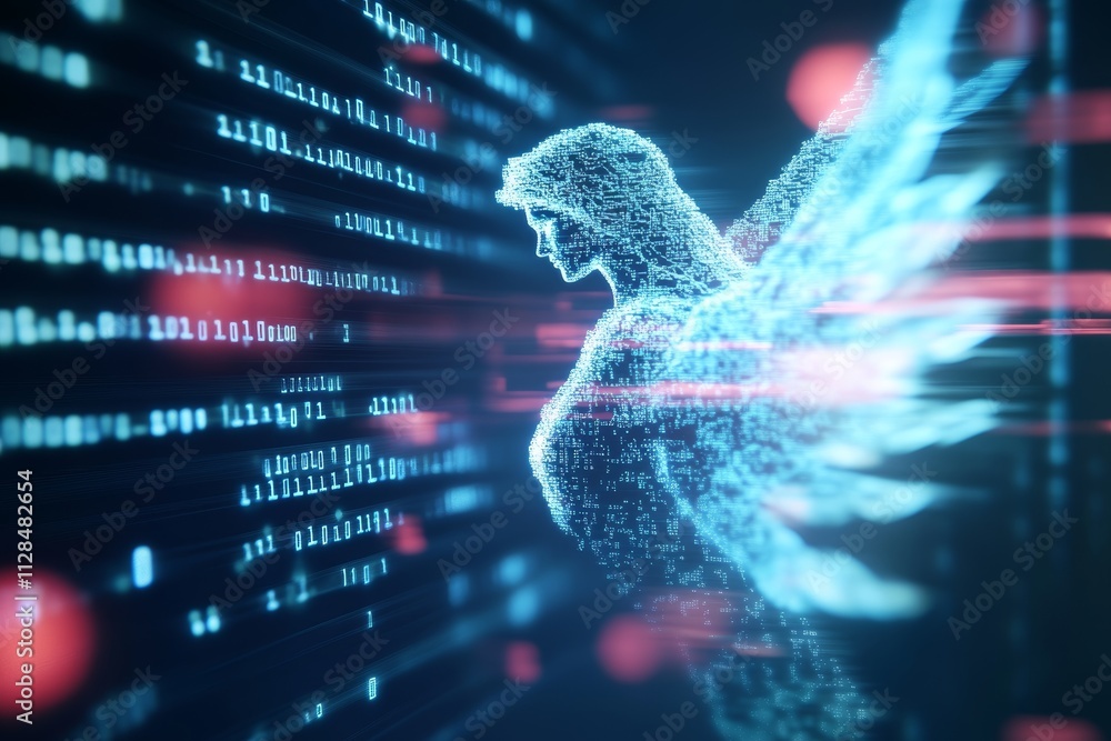Poster digital angel in cyberspace with binary code and light effects